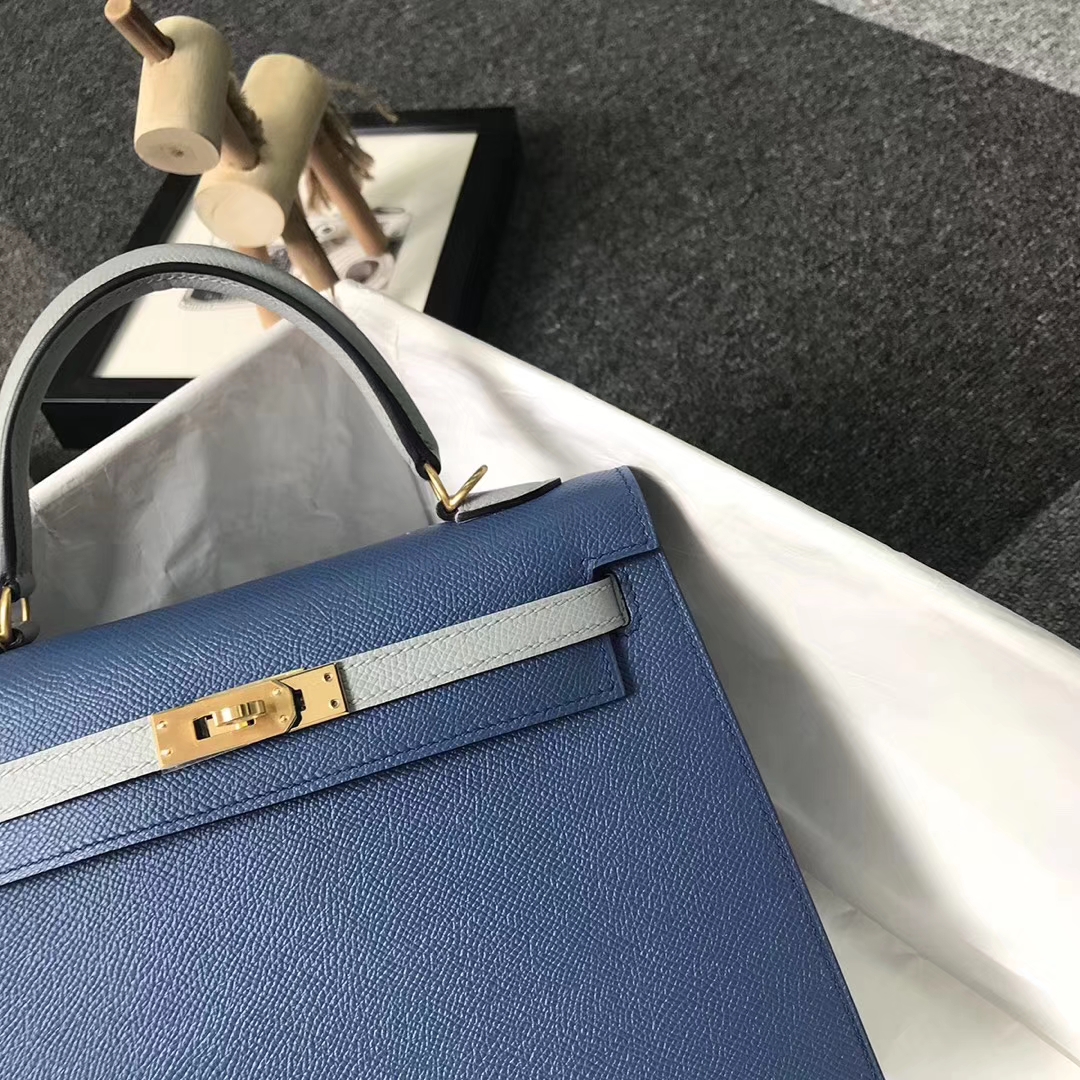 hermès(爱马仕)玛瑙蓝拼冰川蓝 原厂御用顶级epsom 皮 kelly 25 外缝