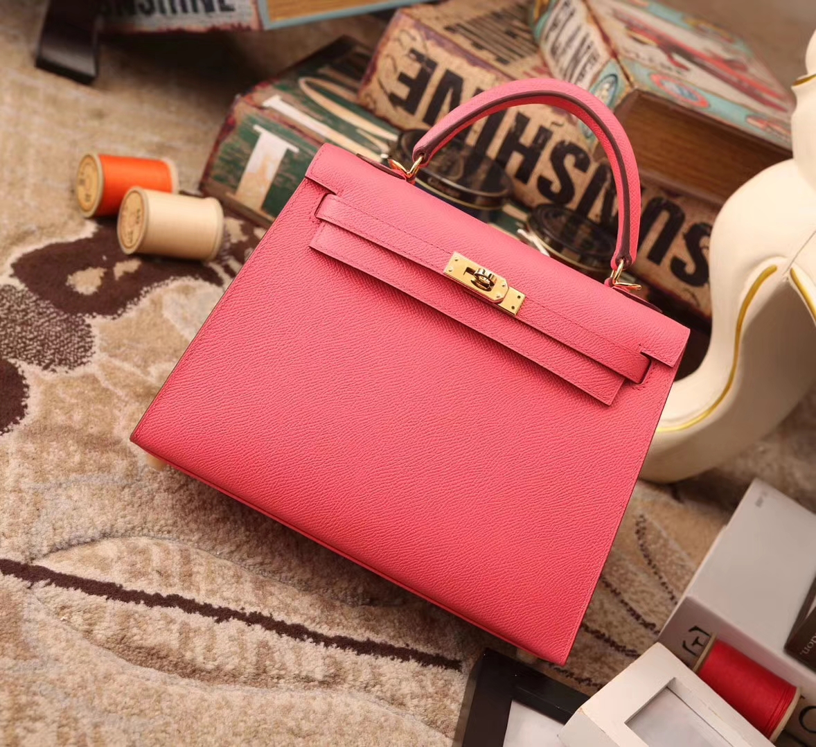 Hermes Kelly 25 8W 新唇膏粉 原厂御用顶级Epsom皮 外缝 金扣 现货