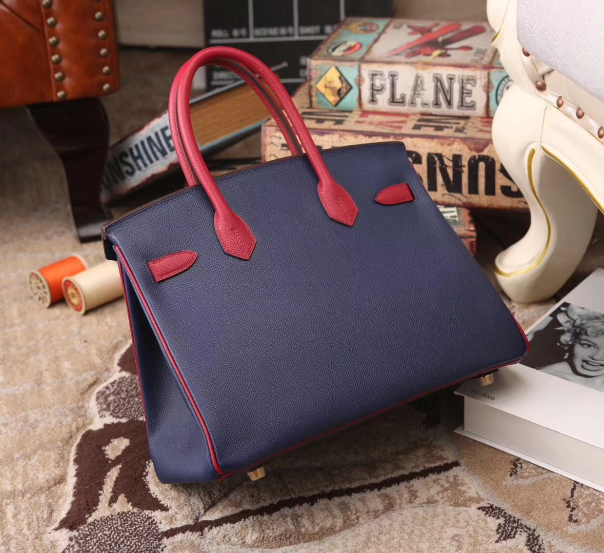 Hermes Birkin 30 7K 宝石蓝拼K1石榴红 原厂御用顶级Epsom皮 金扣