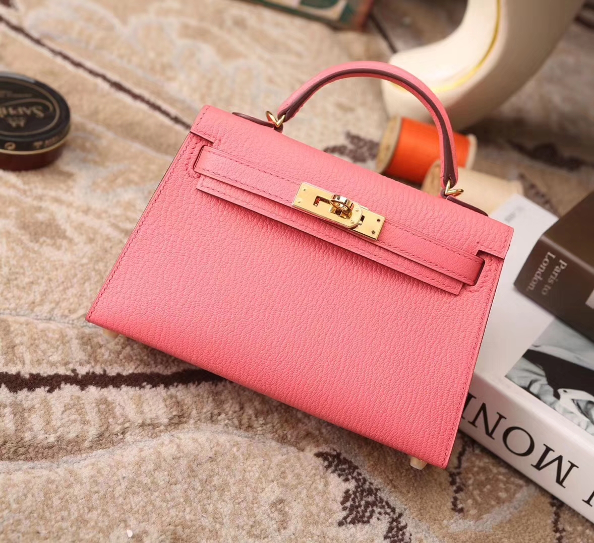 Hermes Mini Kelly U5唇膏粉 原厂御用顶级山羊皮 二代金扣 银扣