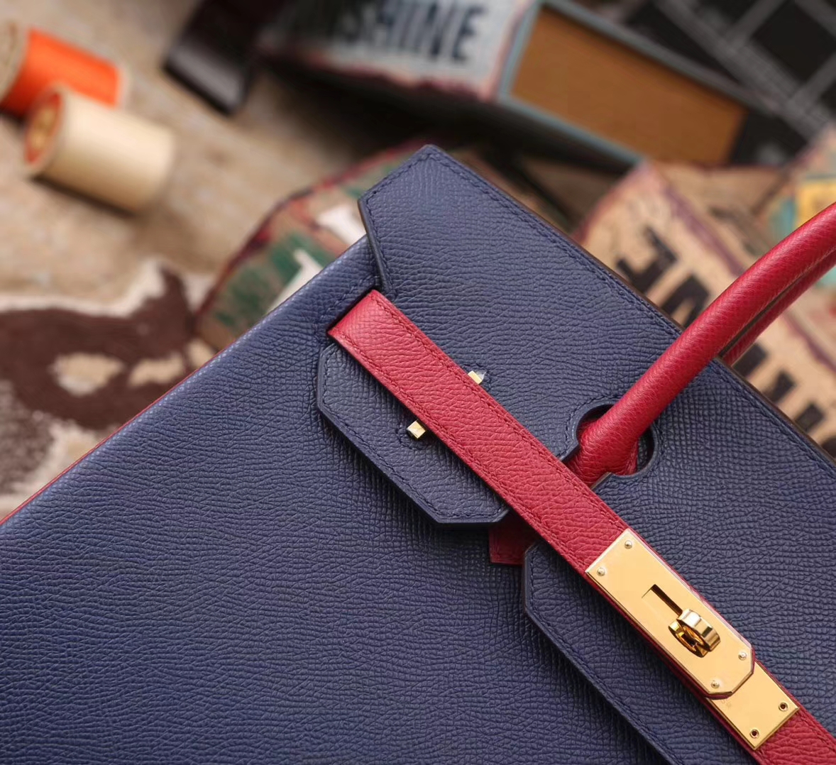 Hermes Birkin 30 7K 宝石蓝拼K1石榴红 原厂御用顶级Epsom皮 金扣