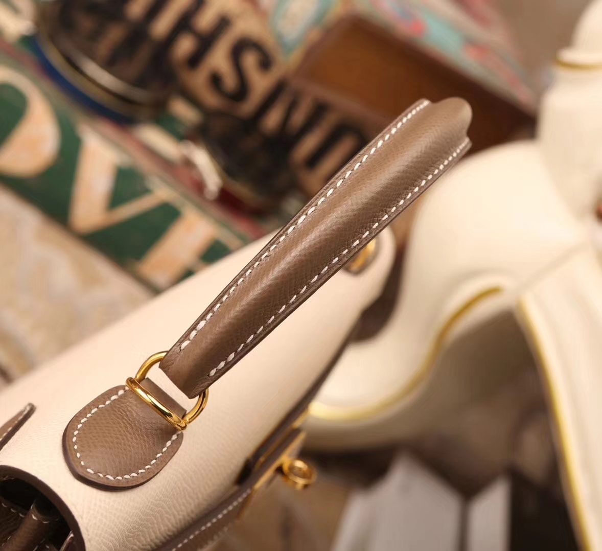 Hermes Kelly 28 奶昔白拼大象灰 原厂御用顶级Epsom皮 外缝 金扣