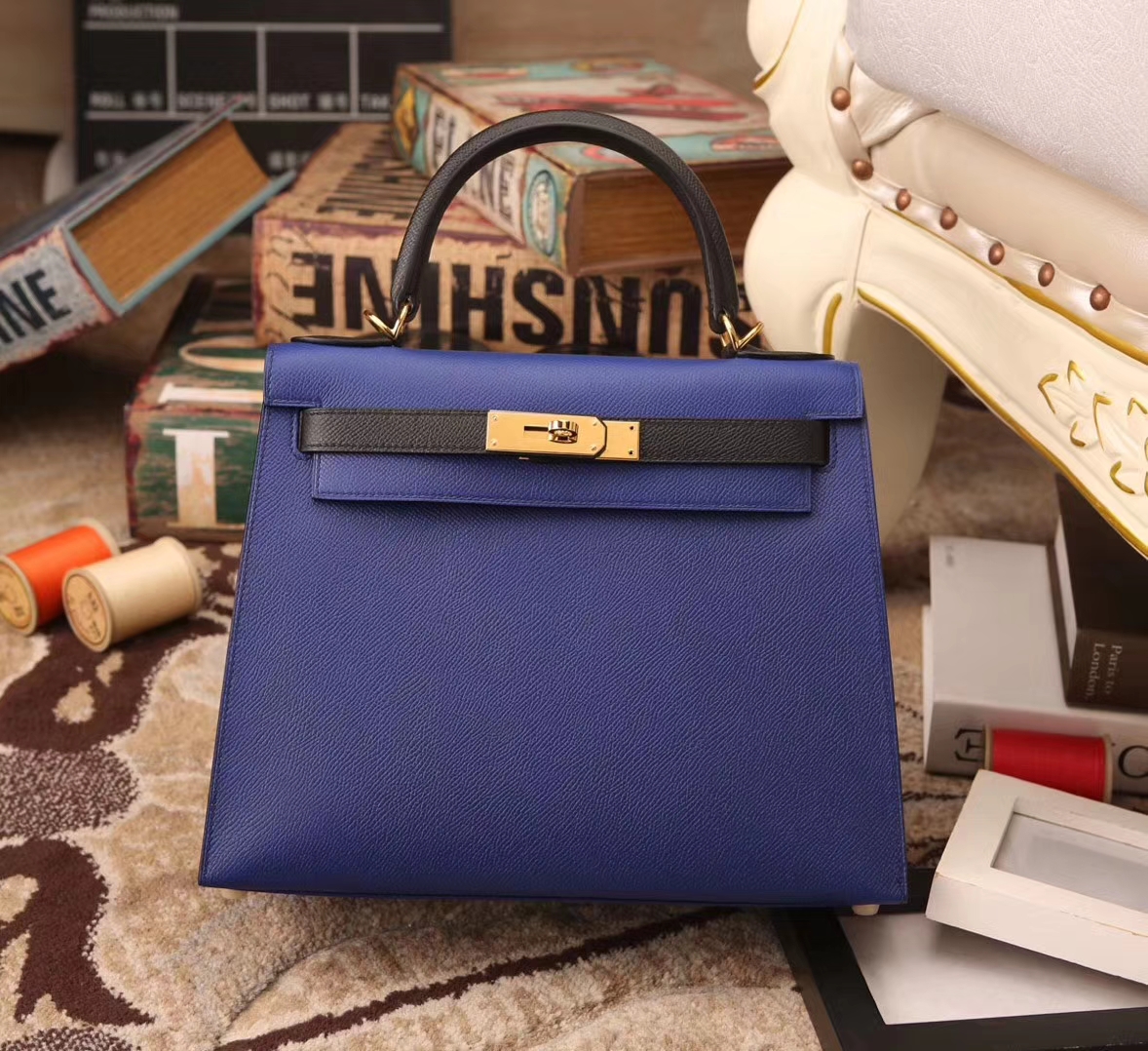 Hermes Kelly 28 电光蓝拼黑色 原厂御用顶级Epsom皮 外缝 金扣
