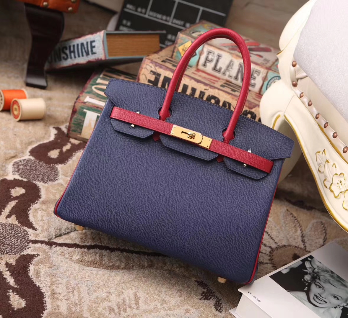 Hermes Birkin 30 7K 宝石蓝拼K1石榴红 原厂御用顶级Epsom皮 金扣