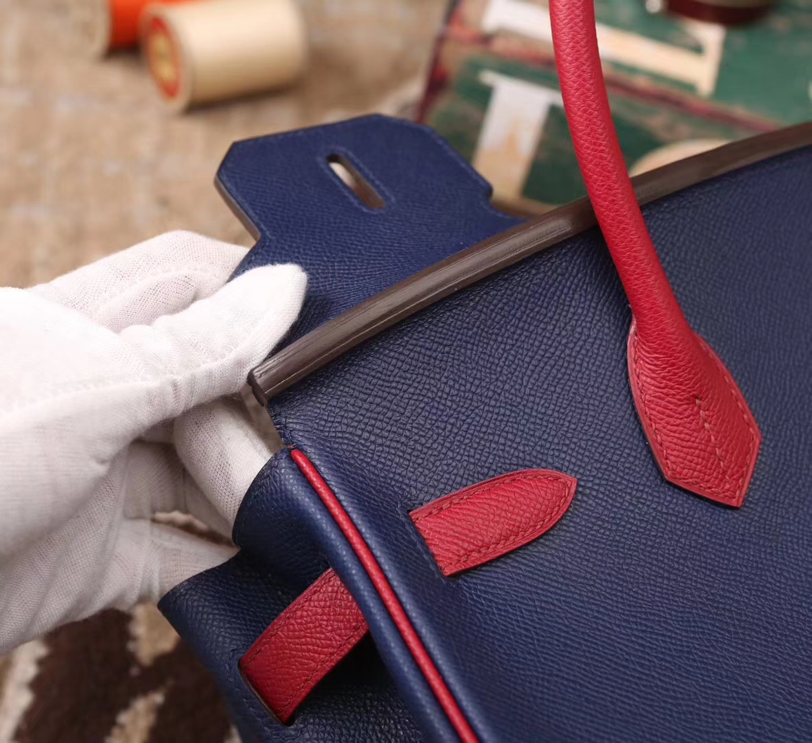 Hermes Birkin 30 7K 宝石蓝拼K1石榴红 原厂御用顶级Epsom皮 金扣