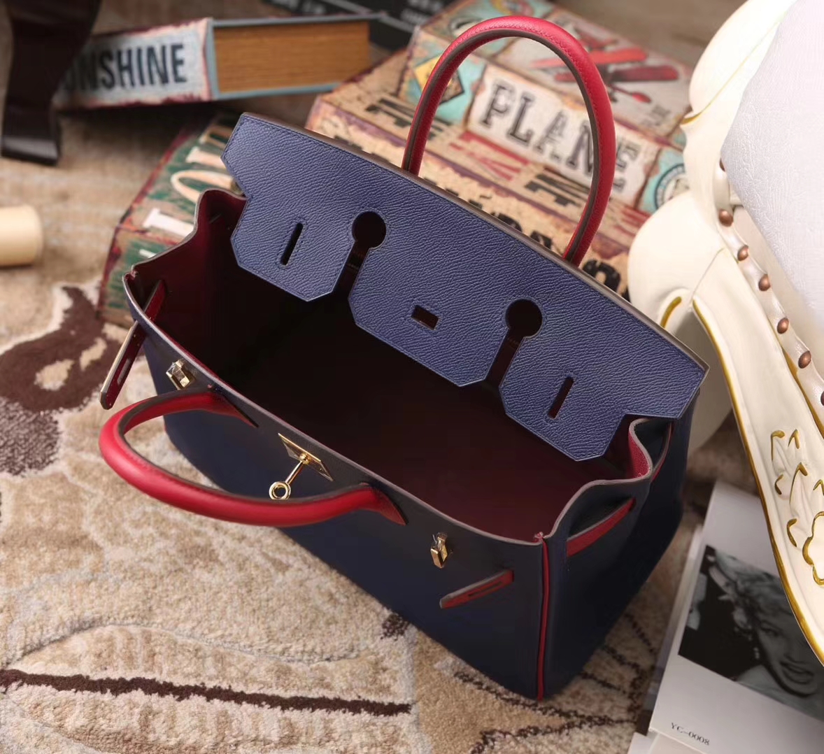 Hermes Birkin 30 7K 宝石蓝拼K1石榴红 原厂御用顶级Epsom皮 金扣