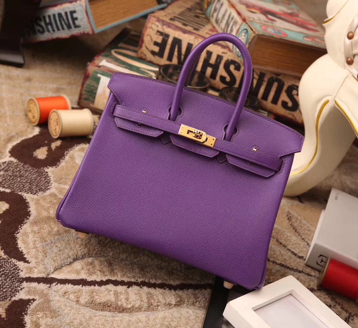 Hermes Birkin 25 9W 梦幻紫内拼糖果粉 原厂御用顶级Epsom皮 金扣