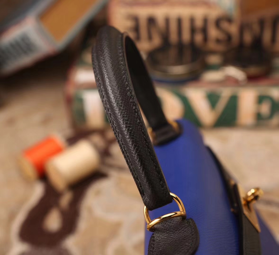 Hermes Kelly 28 电光蓝拼黑色 原厂御用顶级Epsom皮 外缝 金扣