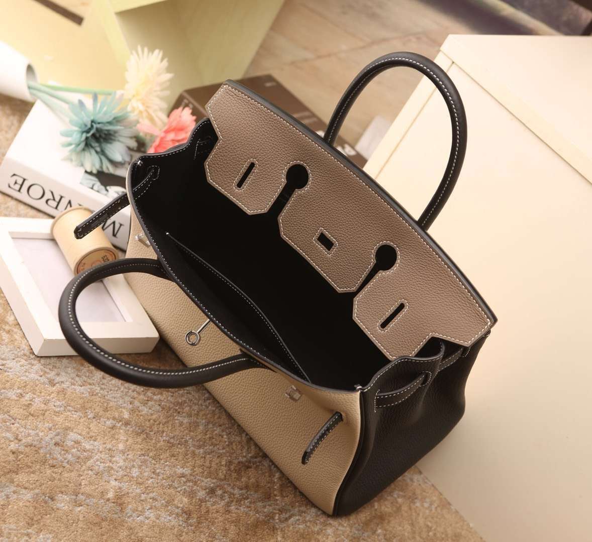 Hermes爱马仕 Birkin 30 奶昔白拼CK18大象灰拼黑色 原厂御用顶级小牛皮 银扣