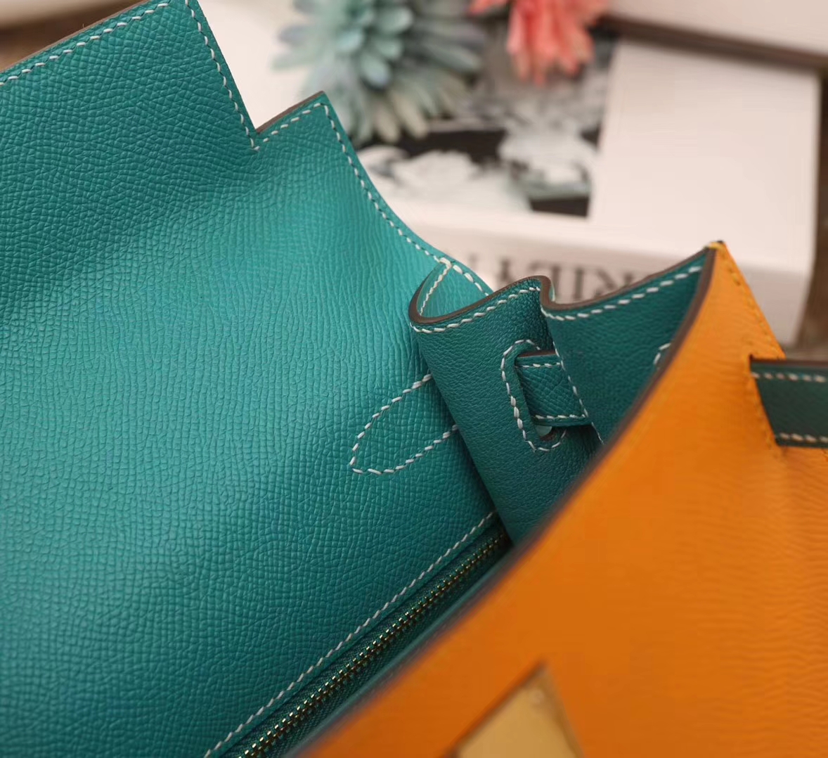 Hermes爱马仕 Kelly 28 9V 太阳黄拼7F孔雀蓝 原厂御用顶级Epsom皮 外缝 金扣 全手工