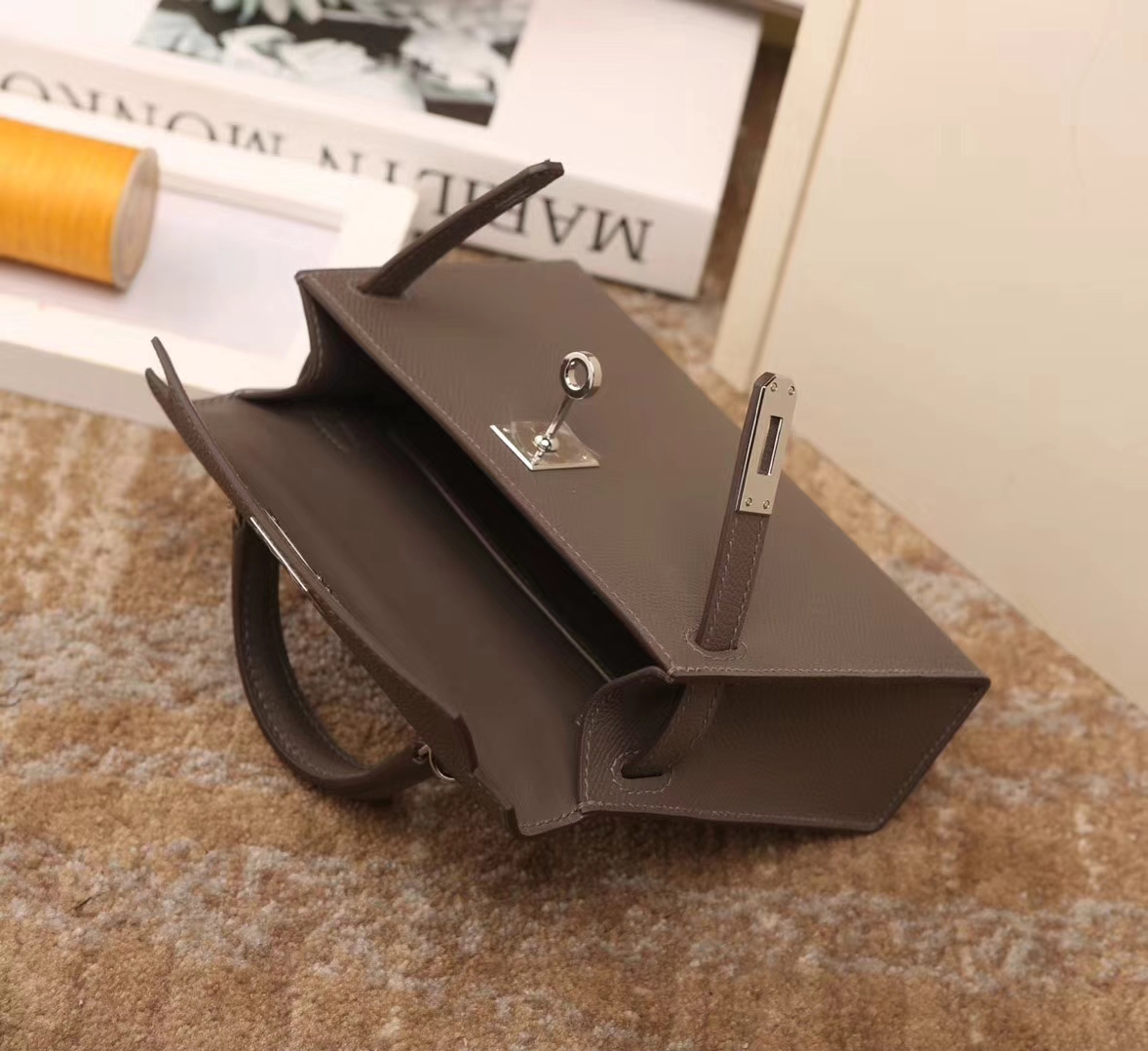 Hermes爱马仕 Mini Kelly 8F 锡器灰 原厂御用顶级Epsom皮 二代 银扣