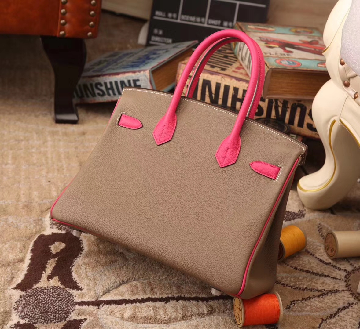 Hermes爱马仕 Birkin 30 大象灰拼桃红色 原厂御用顶级小牛皮 银扣
