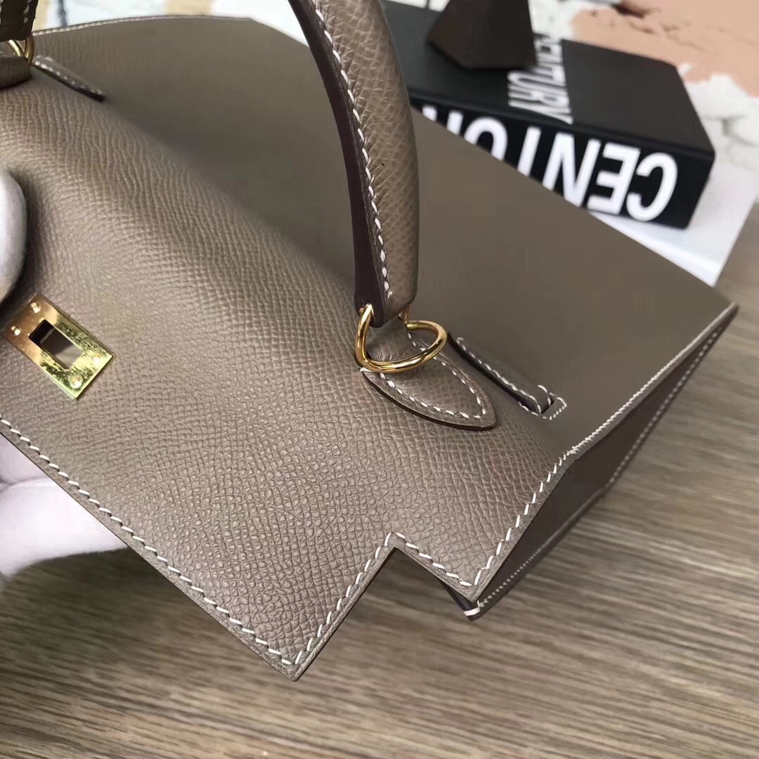 Hermes爱马仕 CK18 大象灰内拼樱花粉 原厂御用顶级Epsom 皮 Kelly 25 外缝 金扣