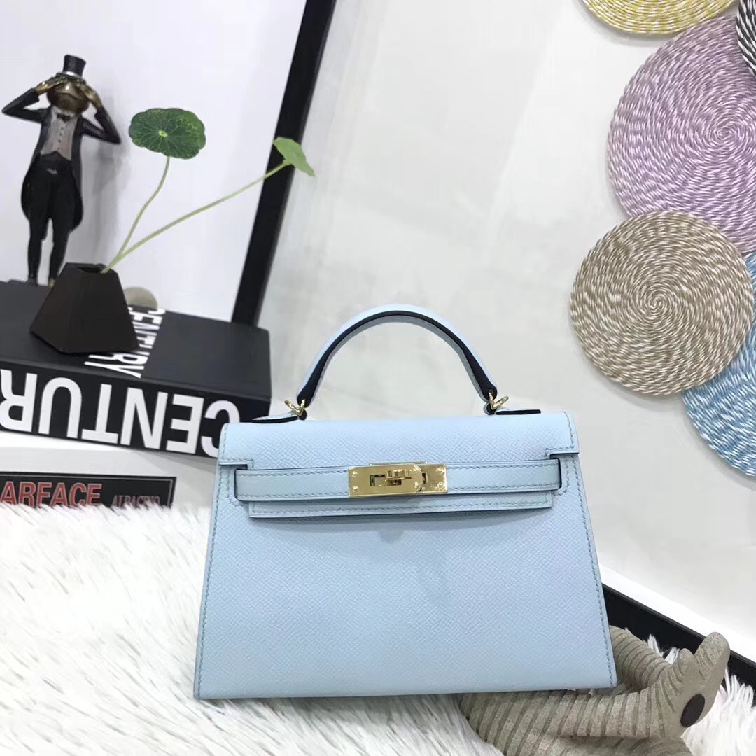 Hermes爱马仕 U2微风蓝 原厂御用顶级Epsom 皮  Mini Kelly 二代 金扣 银扣 现货