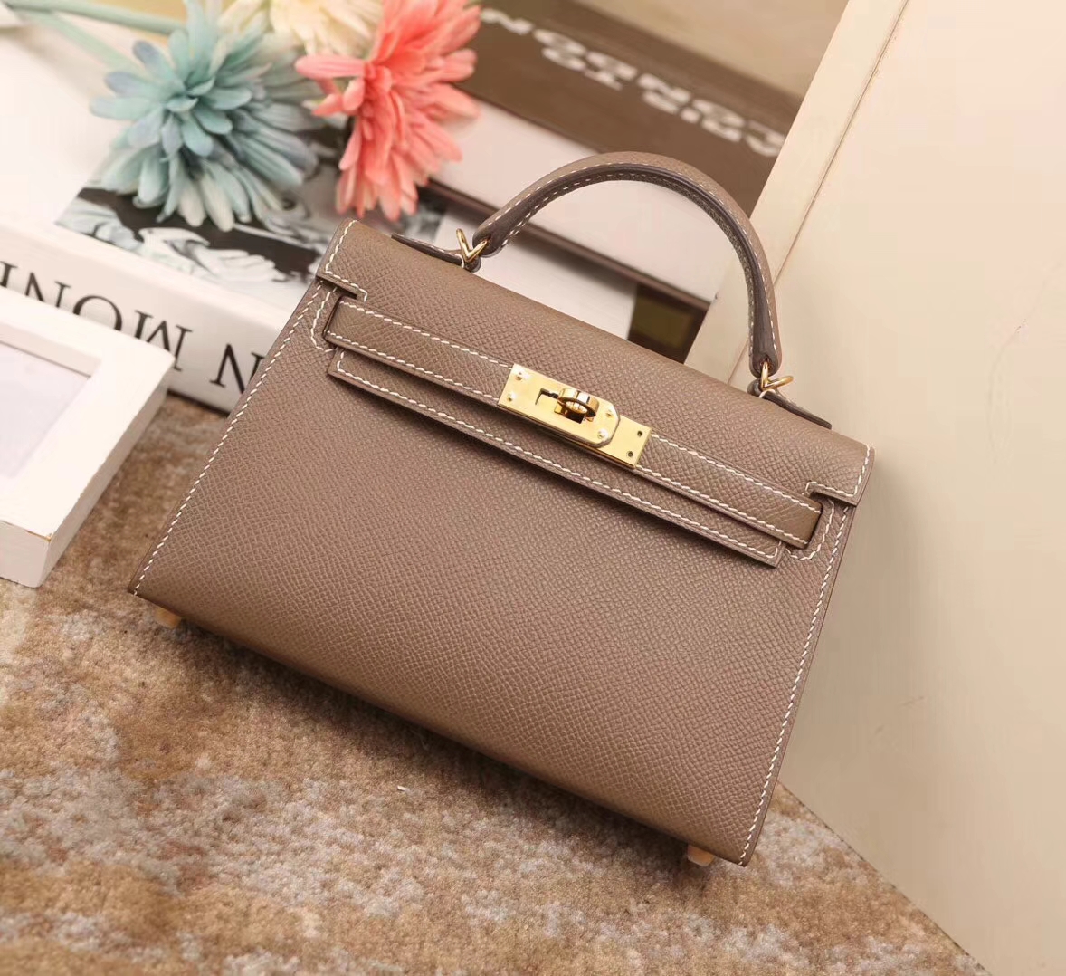 Hermes爱马仕 CK18 大象灰  原厂御用顶级Epsom 皮 Mini Kelly 二代 金扣 现货