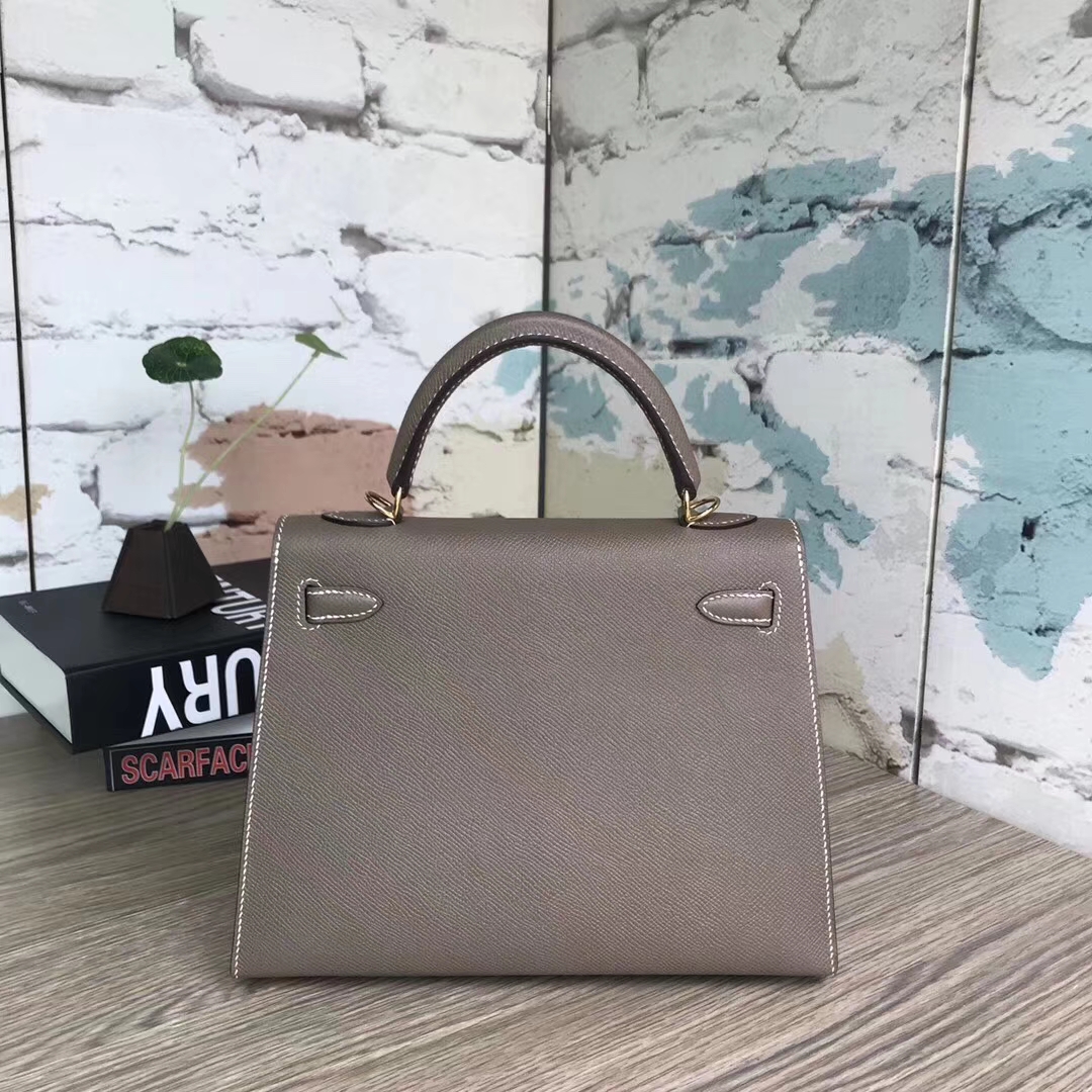 Hermes爱马仕 CK18 大象灰内拼樱花粉 原厂御用顶级Epsom 皮 Kelly 25 外缝 金扣