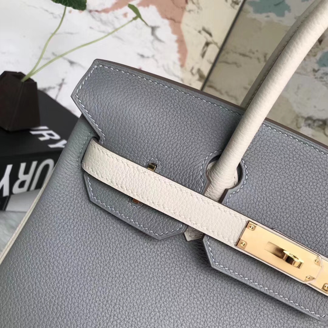 Hermes爱马仕 8U冰川蓝拼奶昔白 原厂御用顶级小牛皮 Birkin 30 金扣