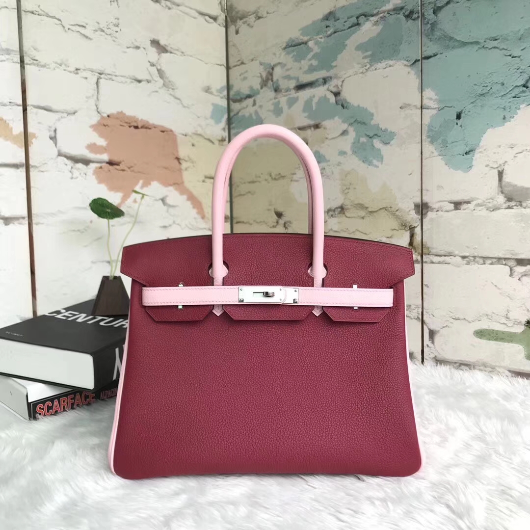 Hermes爱马仕 K1石榴红拼3Q新樱花粉 原厂御用顶级小牛皮 Birkin 30 银扣