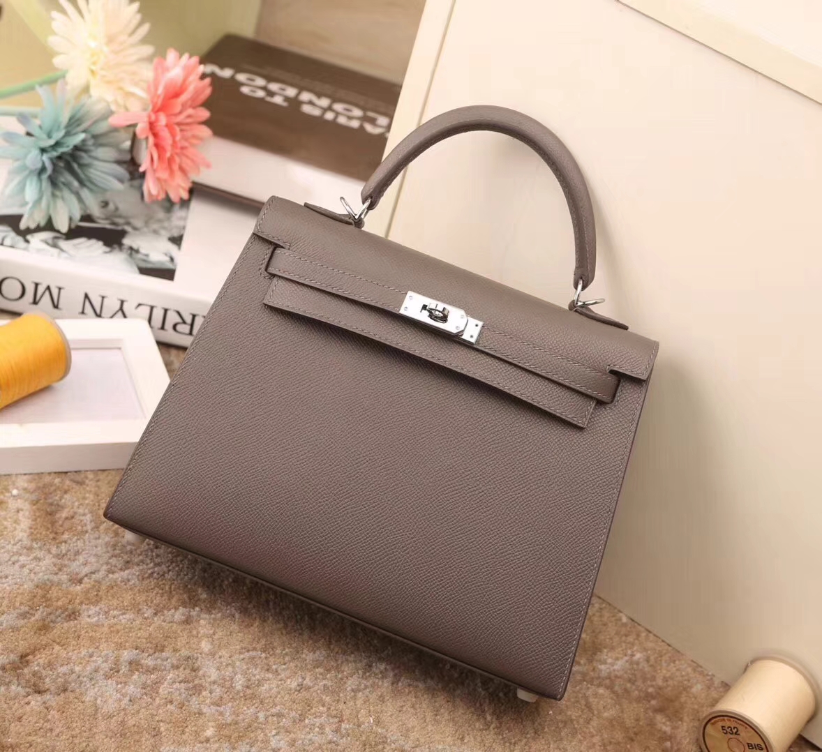 Hermes 爱马仕 8F锡器灰 原厂御用顶级Epsom 皮 Kelly 25 外缝 银扣