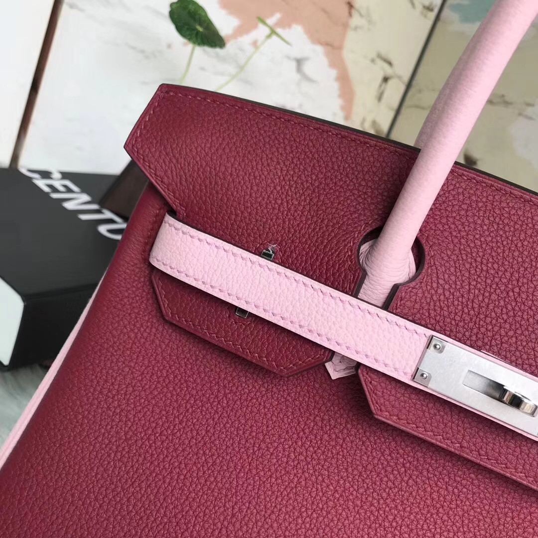 Hermes爱马仕 K1石榴红拼3Q新樱花粉 原厂御用顶级小牛皮 Birkin 30 银扣