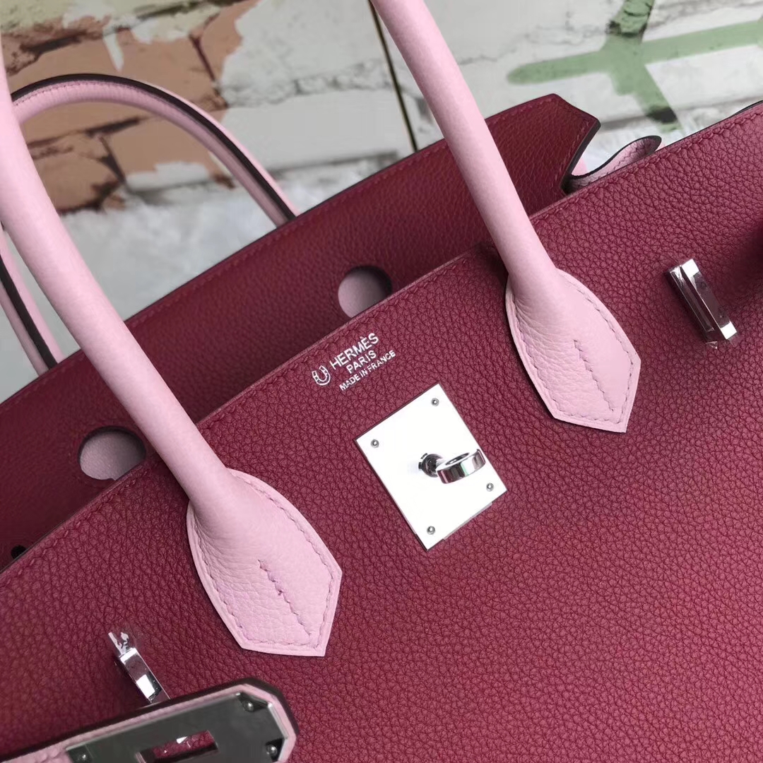 Hermes爱马仕 K1石榴红拼3Q新樱花粉 原厂御用顶级小牛皮 Birkin 30 银扣