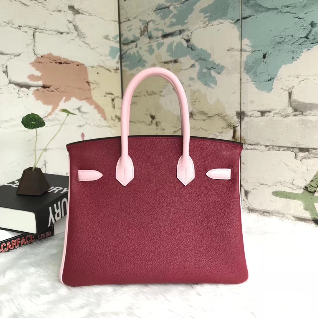 Hermes爱马仕 K1石榴红拼3Q新樱花粉 原厂御用顶级小牛皮 Birkin 30 银扣