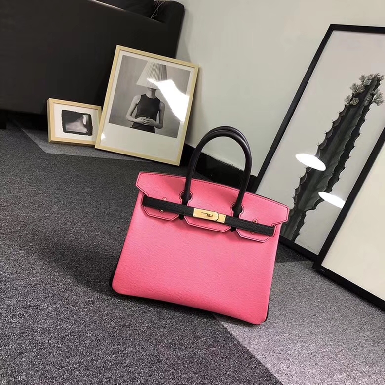 Hermes爱马仕 8W新唇膏粉拼黑色 原厂御用顶级Epsom 皮 Birkin 30 金扣