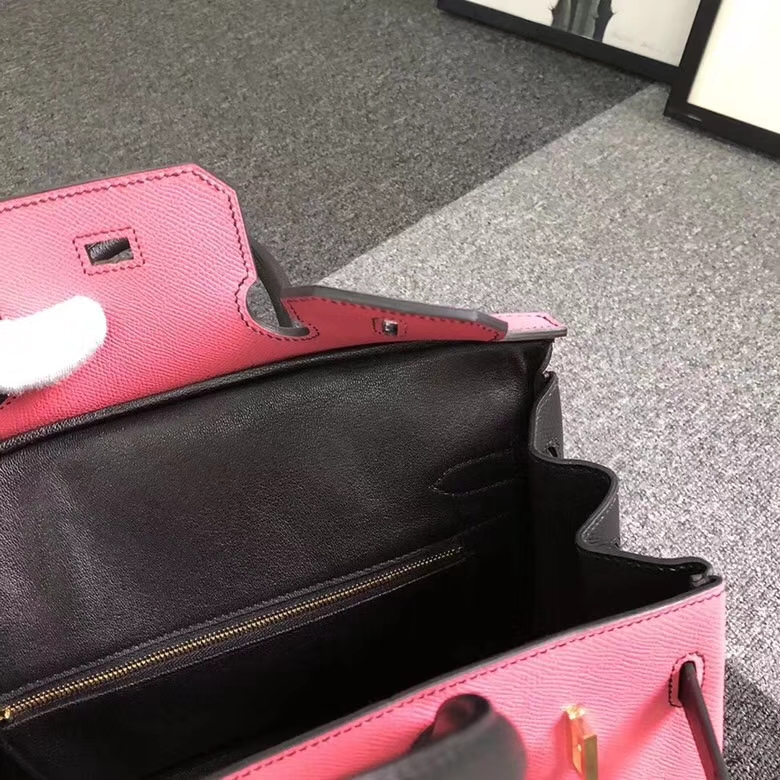 Hermes爱马仕 8W新唇膏粉拼黑色 原厂御用顶级Epsom 皮 Birkin 30 金扣
