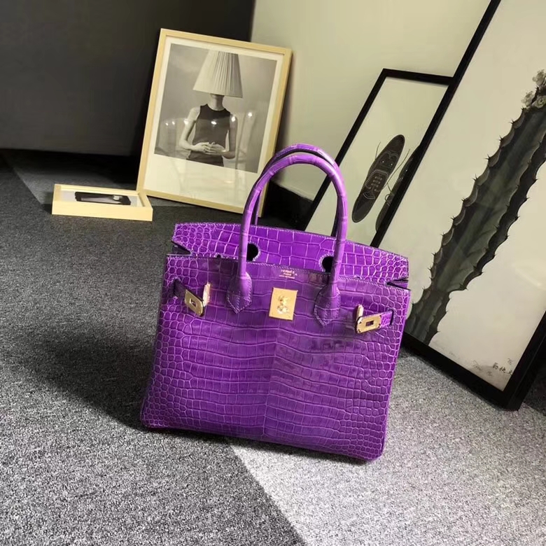 Hermes爱马仕 梦幻紫 亮面湾鳄 Birkin 30 金扣
