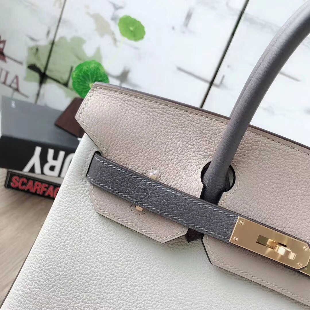 Hermes爱马仕 奶昔白拼风衣灰拼锡器灰 原厂御用顶级小牛皮 Birkin 30 拉丝金扣