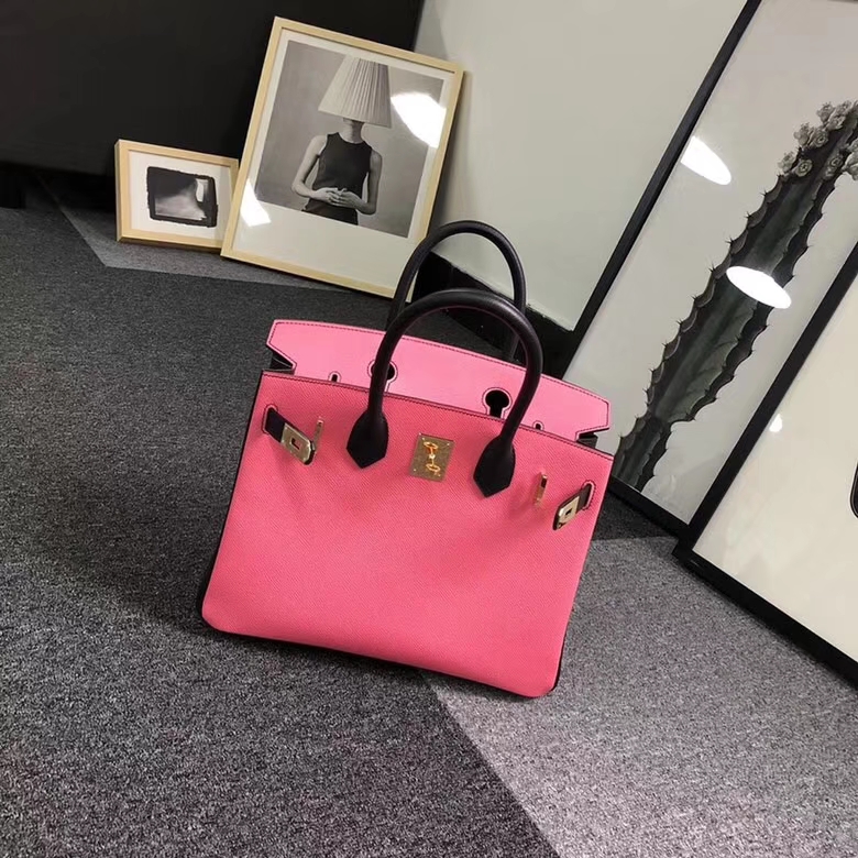 Hermes爱马仕 8W新唇膏粉拼黑色 原厂御用顶级Epsom 皮 Birkin 30 金扣