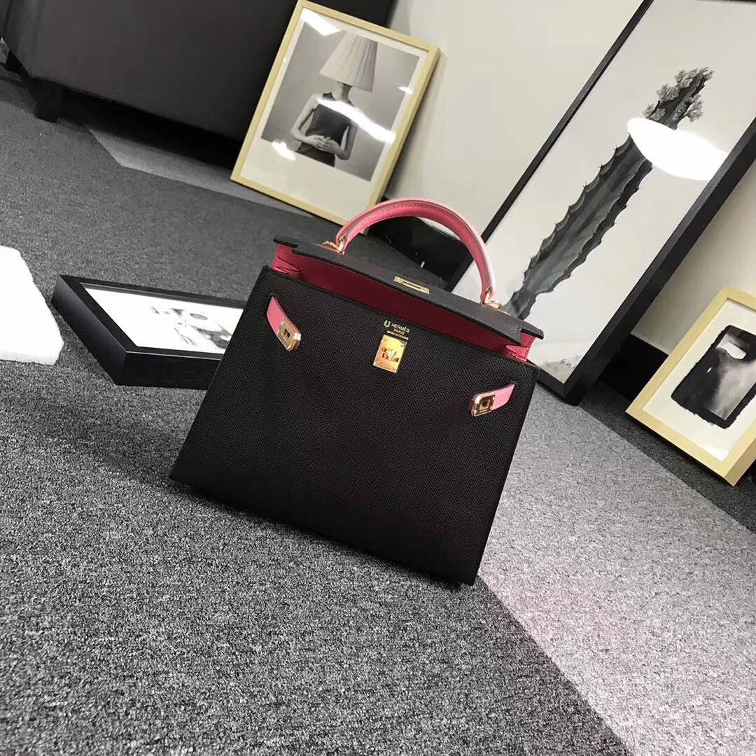 Hermes爱马仕 黑色拼新唇膏粉 原厂御用顶级Epsom 皮 Kelly 25 外缝 金扣 现货