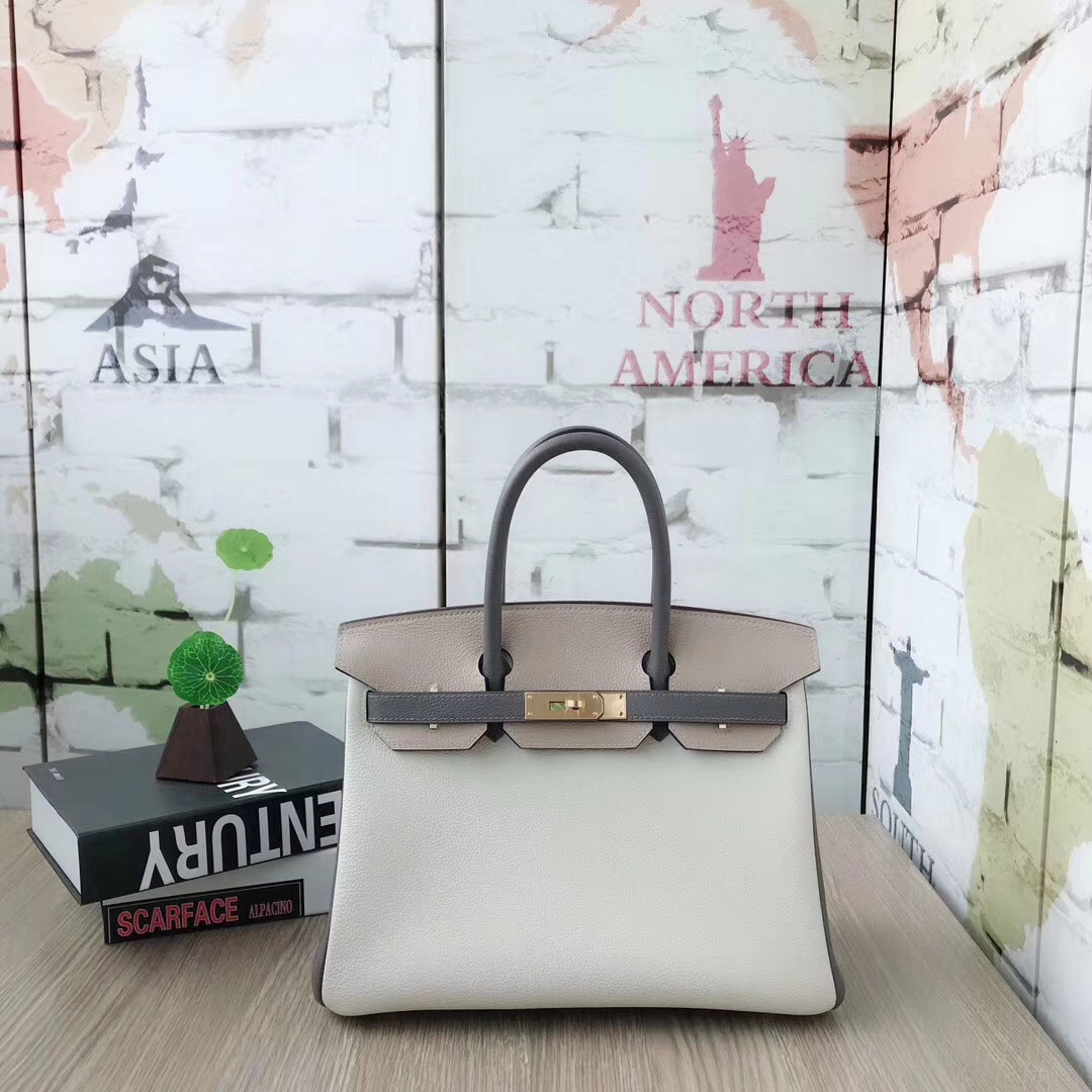 Hermes爱马仕 奶昔白拼风衣灰拼锡器灰 原厂御用顶级小牛皮 Birkin 30 拉丝金扣