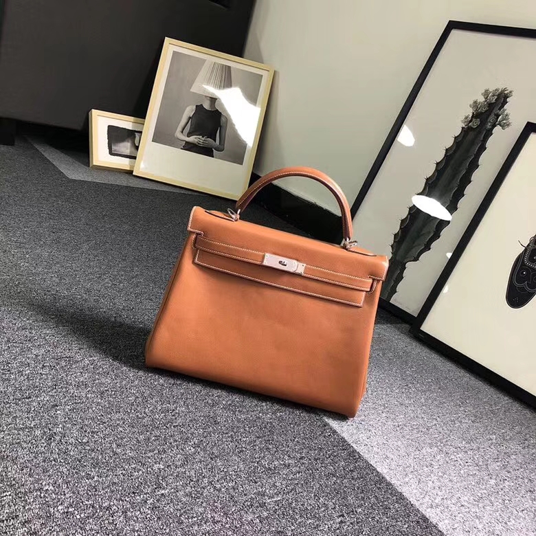 Hermes爱马仕 金棕色 原厂御用顶级Swift 皮 Kelly 32 内缝 银扣