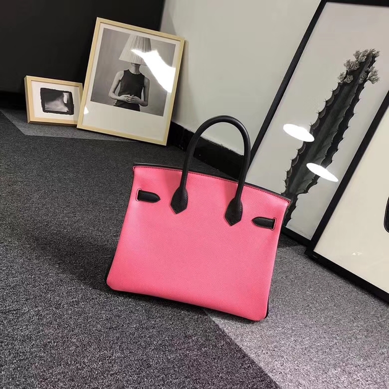 Hermes爱马仕 8W新唇膏粉拼黑色 原厂御用顶级Epsom 皮 Birkin 30 金扣