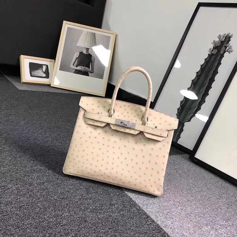 Hermes爱马仕 羊毛白 原厂御用顶级KK鸵鸟皮 Birkin 30 银扣