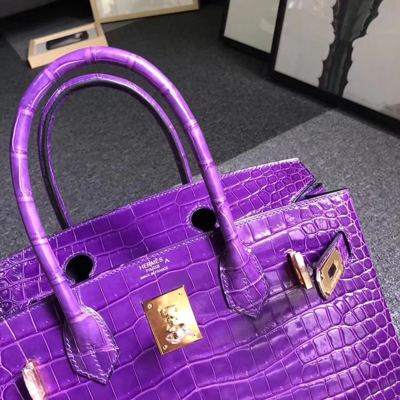 Hermes爱马仕 梦幻紫 亮面湾鳄 Birkin 30 金扣