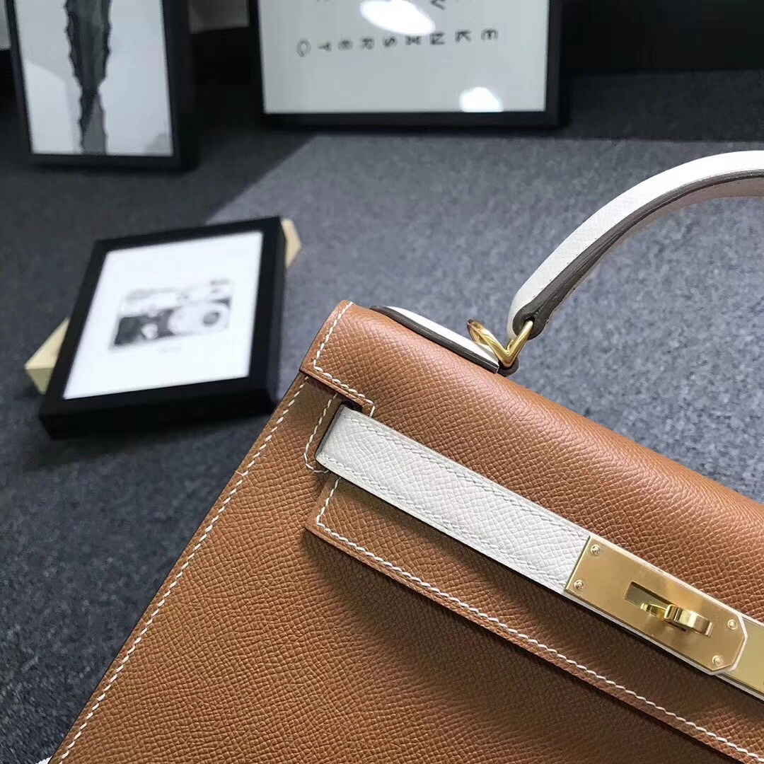 Hermes爱马仕 金棕色拼奶昔白 原厂御用顶级Epsom 皮 Kelly 28 外缝 拉丝金扣