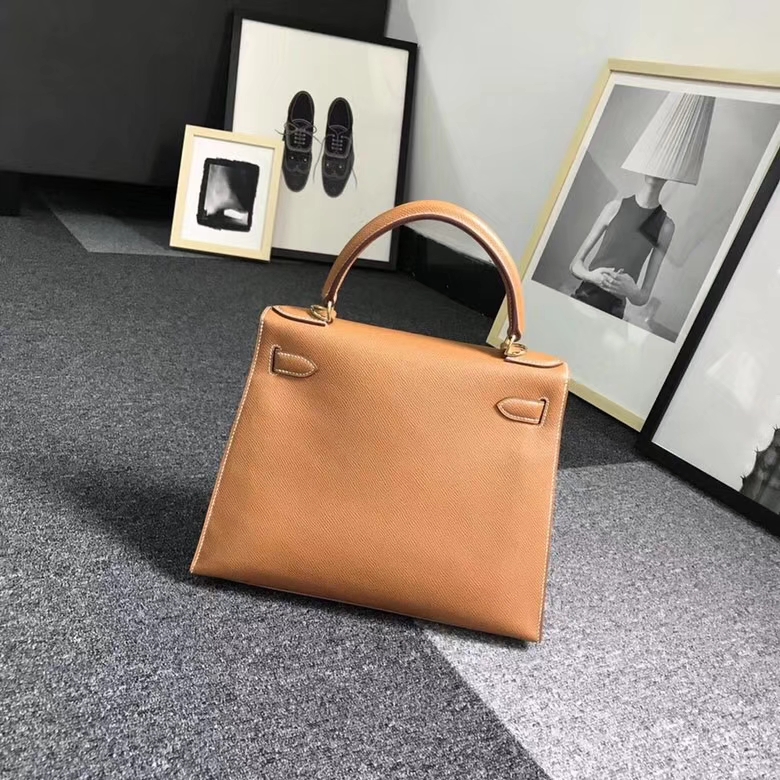 Hermes爱马仕 金棕色 浅咖啡 原厂御用顶级Epsom 皮 Kelly 28 外缝 金扣 现货