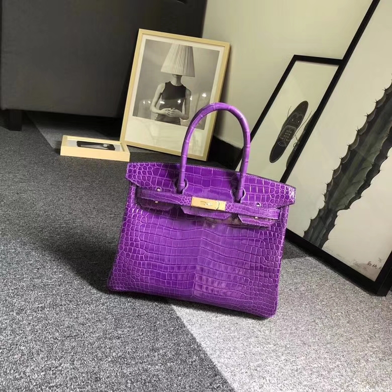 Hermes爱马仕 梦幻紫 亮面湾鳄 Birkin 30 金扣