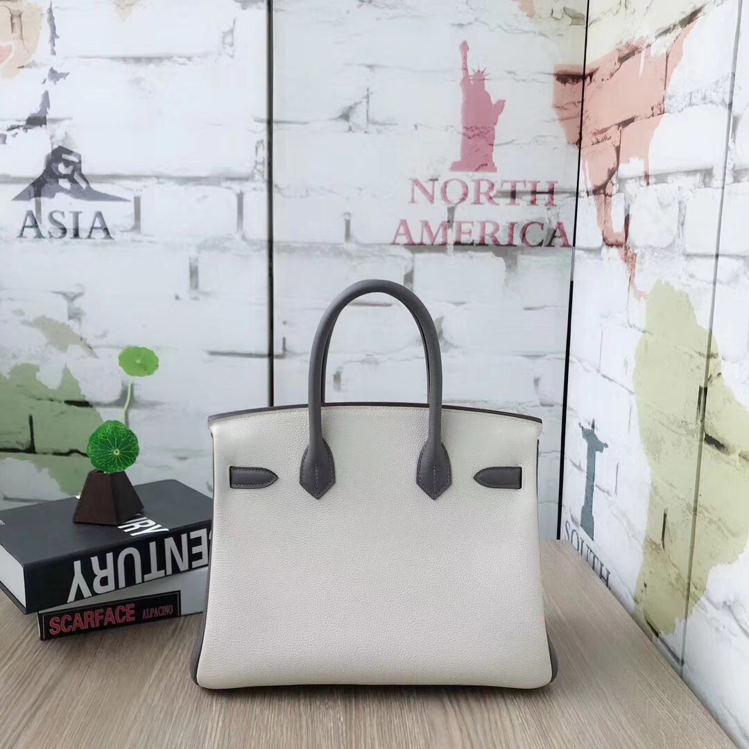 Hermes爱马仕 奶昔白拼风衣灰拼锡器灰 原厂御用顶级小牛皮 Birkin 30 拉丝金扣