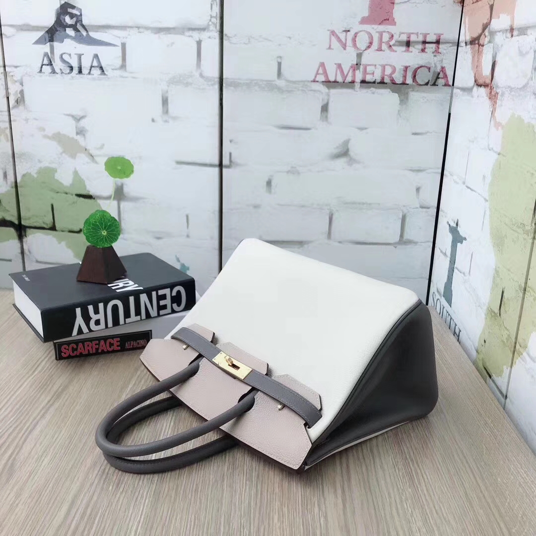 Hermes爱马仕 奶昔白拼风衣灰拼锡器灰 原厂御用顶级小牛皮 Birkin 30 拉丝金扣