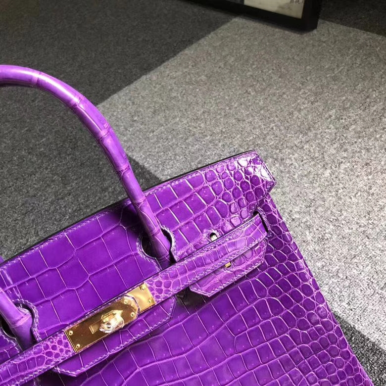 Hermes爱马仕 梦幻紫 亮面湾鳄 Birkin 30 金扣