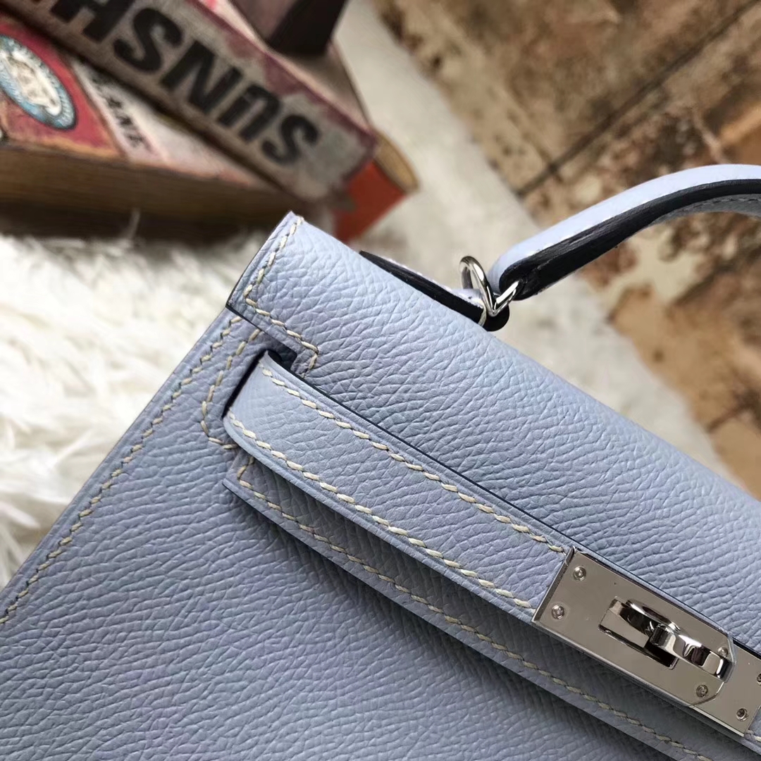 Hermes爱马仕 J7 亚麻蓝 原厂御用顶级Epsom 皮 Mini Kelly 二代 银扣 现货