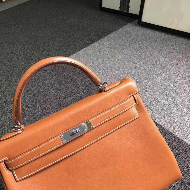 Hermes爱马仕 金棕色 原厂御用顶级Swift 皮 Kelly 32 内缝 银扣