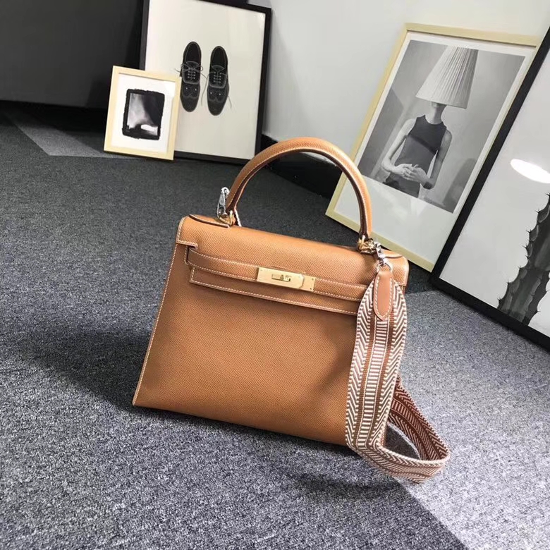 Hermes爱马仕 金棕色 浅咖啡 原厂御用顶级Epsom 皮 Kelly 28 外缝 金扣 现货