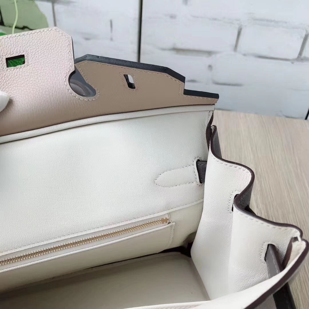 Hermes爱马仕 奶昔白拼风衣灰拼锡器灰 原厂御用顶级小牛皮 Birkin 30 拉丝金扣