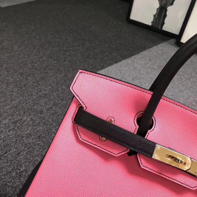 Hermes爱马仕 8W新唇膏粉拼黑色 原厂御用顶级Epsom 皮 Birkin 30 金扣