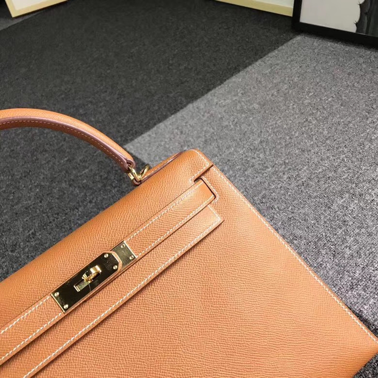 Hermes爱马仕 金棕色 浅咖啡 原厂御用顶级Epsom 皮 Kelly 28 外缝 金扣 现货