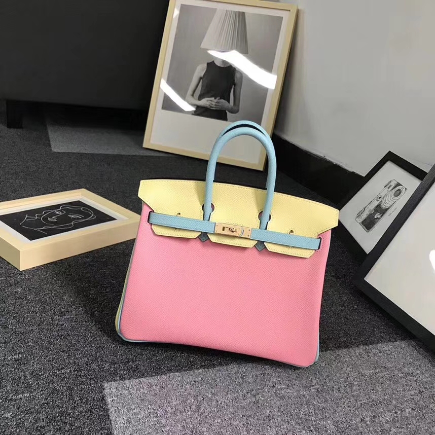 Hermes爱马仕 1Q奶昔粉拼3P马卡龙蓝拼1Z小鸡黄 原厂御用顶级Epsom 皮 Birkin 25 金扣